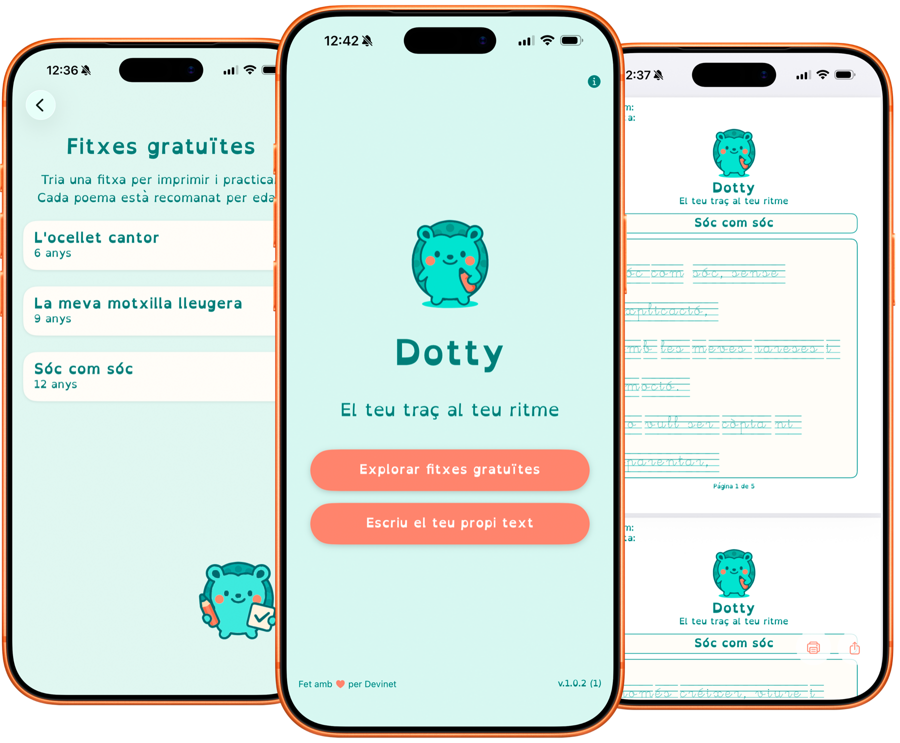 Pantalla de Dotty amb una fitxa llesta per imprimir