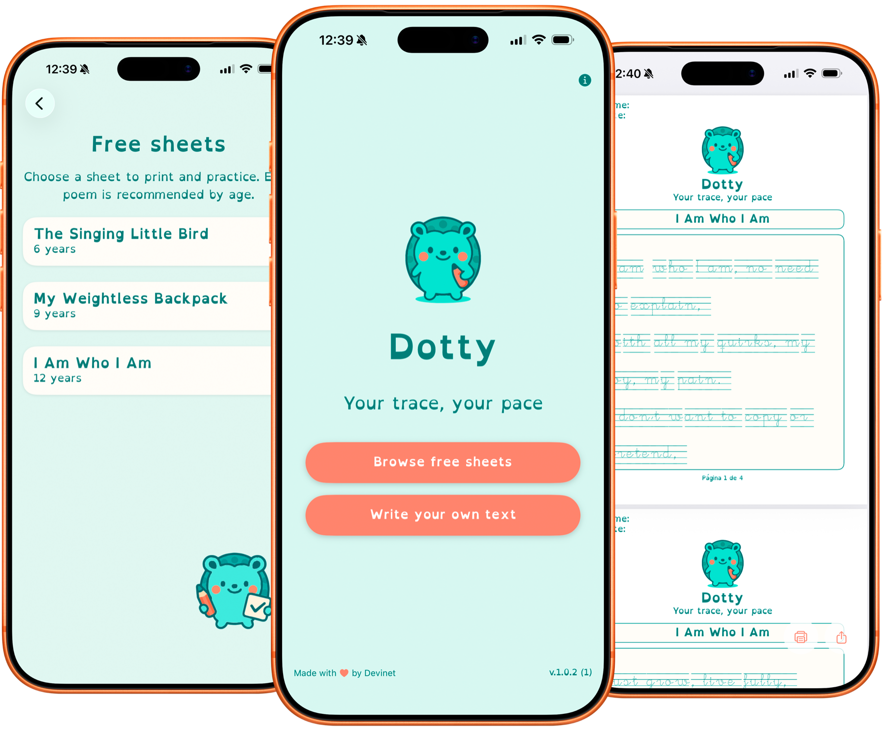 Dotty screen showing a printable sheet