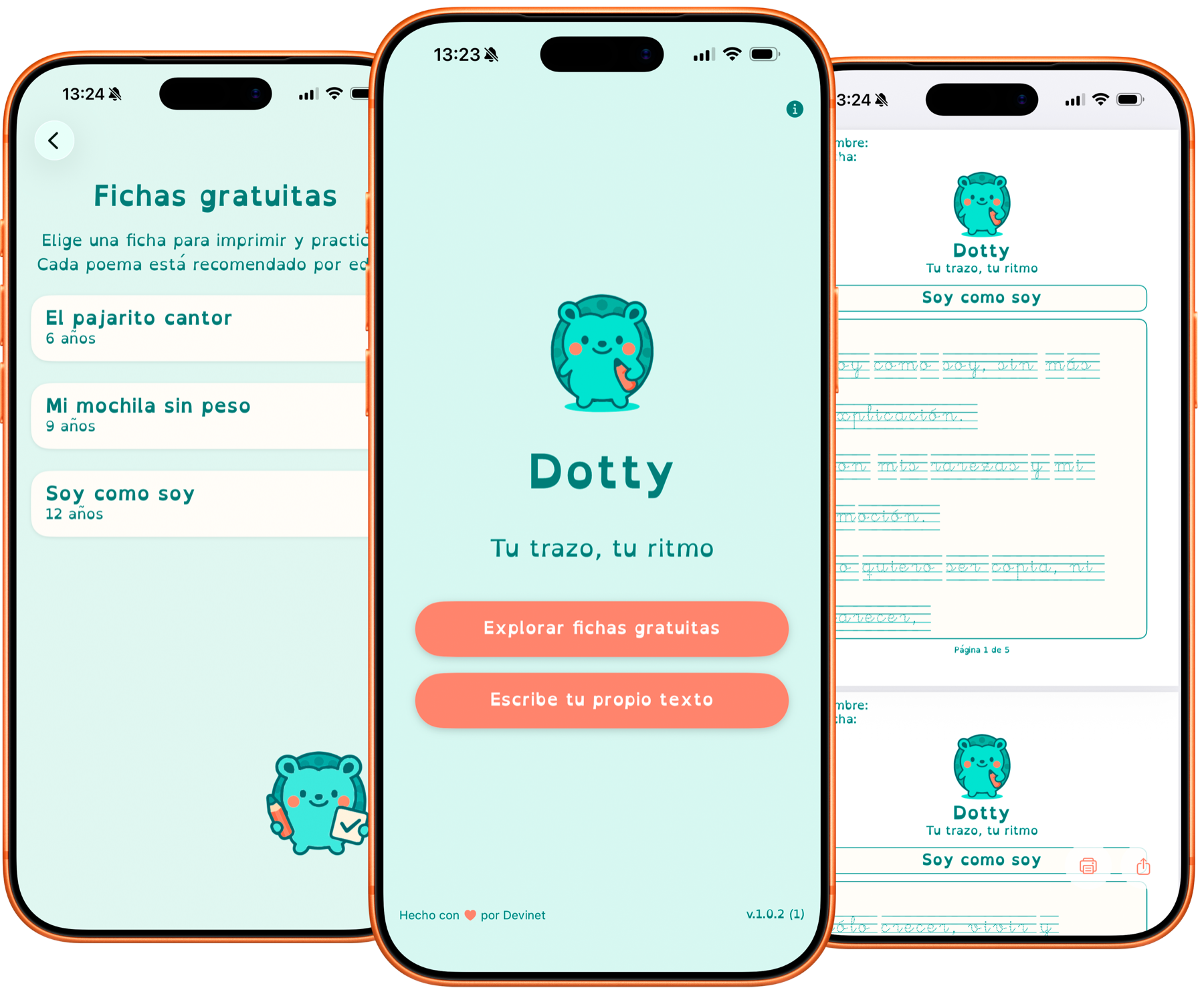 Pantalla de Dotty con una ficha lista para imprimir